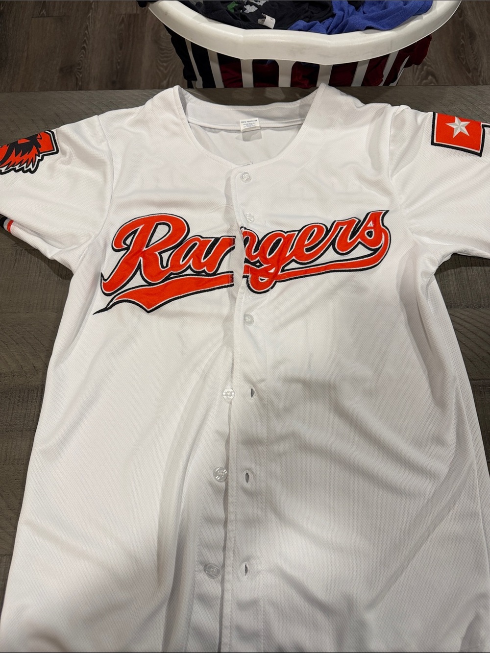 White Rangers Script Button-Up Jersey with Orange Accents